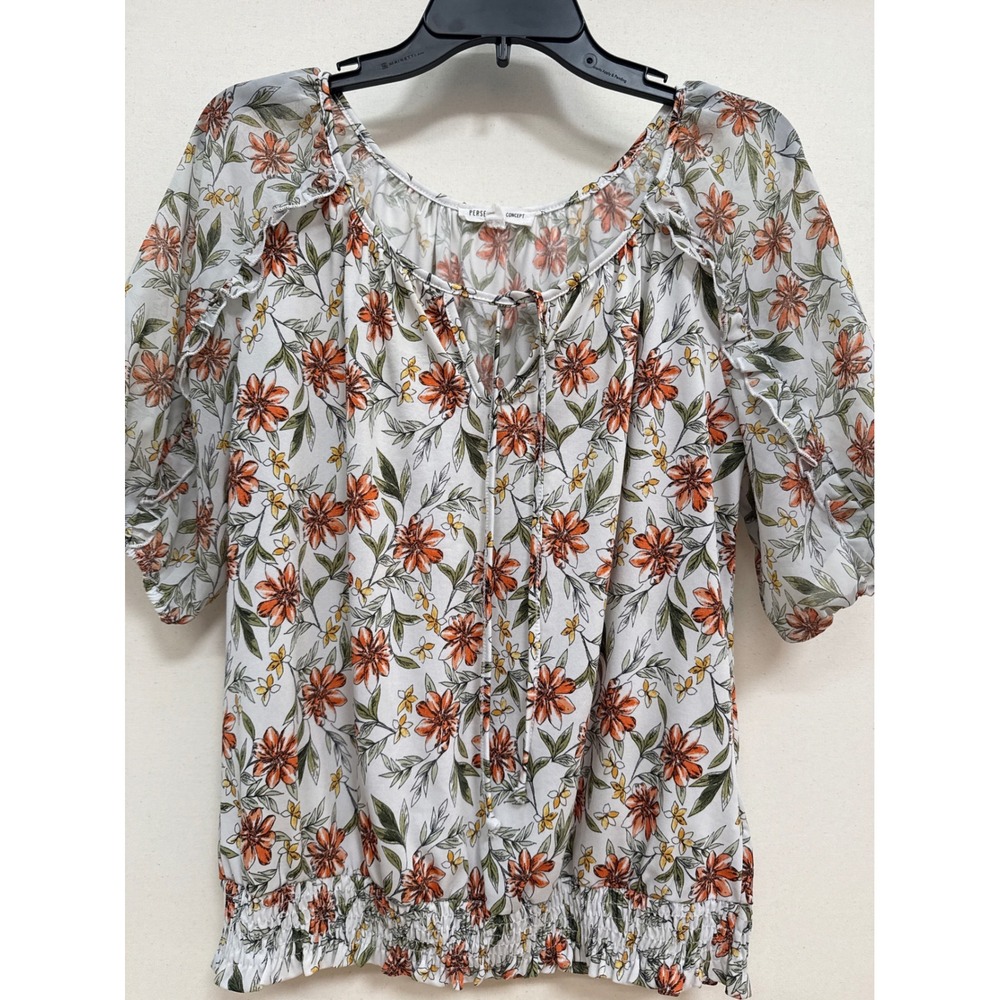 Perception Concept Floral Peasant Top Orange Green Smocked Blouse TP-MS-1460 M